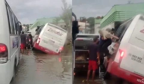 VÍDEO: Rota cai em buraco e passageiros são retirados por janela em Manaus; veja