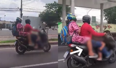 Perigo! Motociclista é flagrado com criança dormindo em moto, em Manaus; veja vídeo