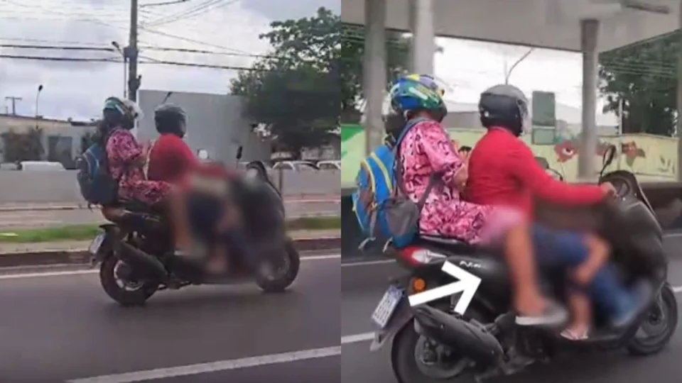 Perigo! Motociclista é flagrado com criança dormindo em moto, em Manaus; veja vídeo