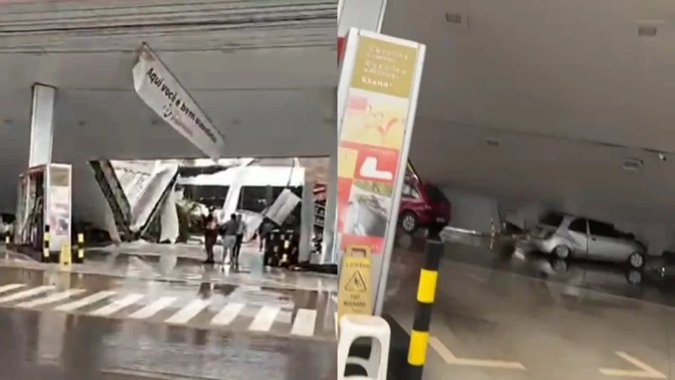 Teto de posto de combustível desaba durante forte chuva em Iranduba; veja vídeo