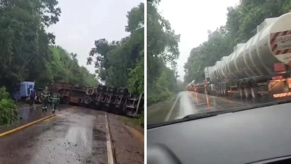 VÍDEOS: caminhão tomba e fecha BR-174 causando fila de veículos entre o Amazonas e Roraima