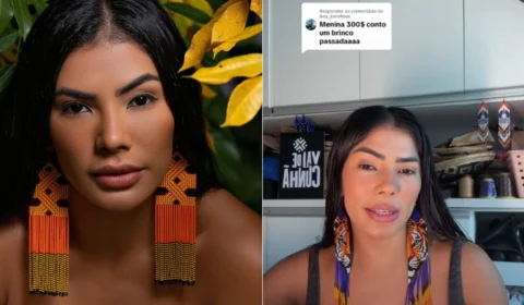 Cunhã do Boi Caprichoso viraliza e é criticada por preço dos brincos artesanais feitos por ela: ‘é pura cara de pau’