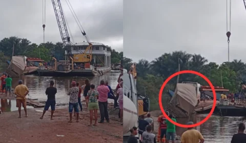 VÍDEO: caminhão tomba ao tentar entra em balsa em trecho alagado da BR-319