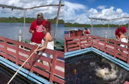 Gkay se desespera ao tentar pescar um pirarucu no Amazonas e quase ser derrubada; veja vídeo