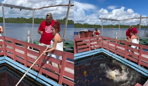Gkay se desespera ao tentar pescar um pirarucu no Amazonas e quase ser derrubada; veja vídeo
