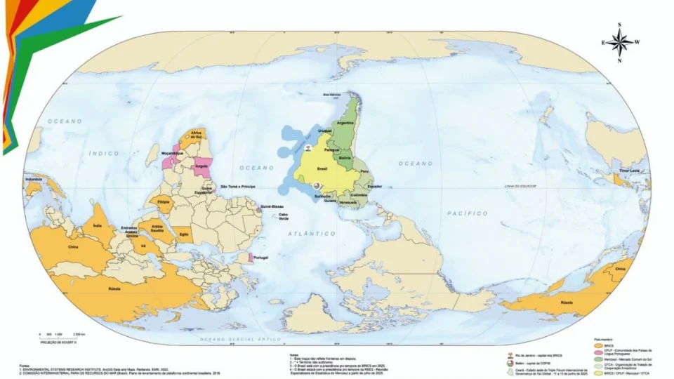 IBGE lança mapa-múndi invertido com Brasil no centro para destacar liderança no Sul Global