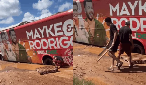 Ônibus de Mayke e Rodrigo atola em Rio Branco a caminho de show da dupla
