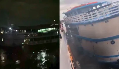 Barco fica encalhado no rio Amazonas após tempestade e passageiros pedem ajuda