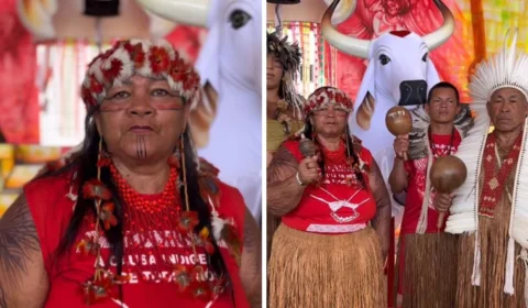 ‘É vermelho’: Cacique Tupinambá defende repatriação de manto sagrado em coletiva do Boi Garantido