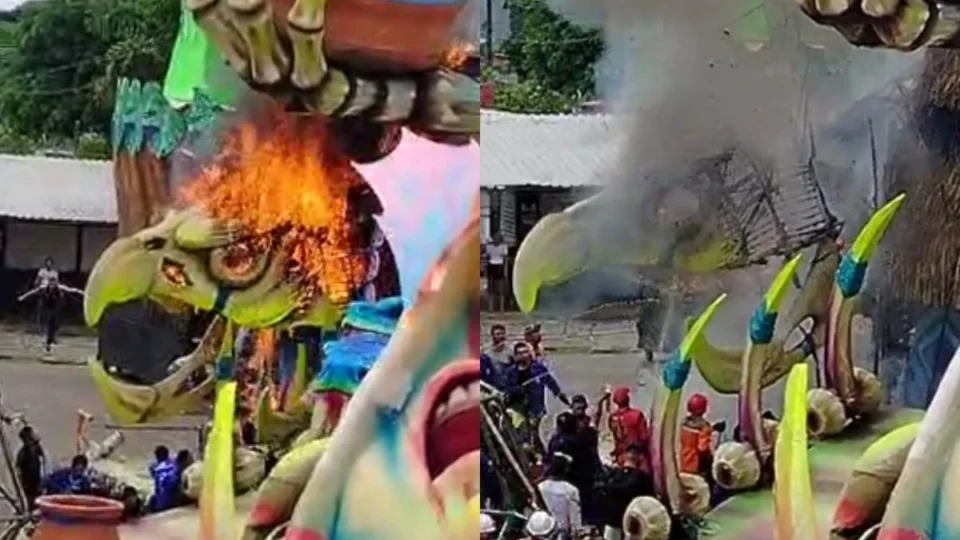 Parte da alegoria do Caprichoso fica destruída após incêndio nesta sexta-feira (20)