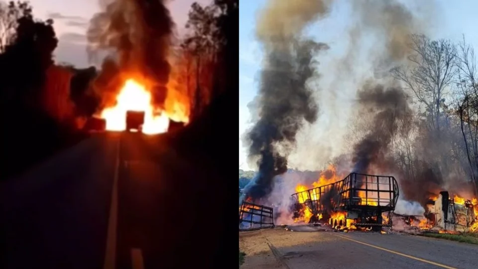 VÍDEO: colisão entre carretas na BR-174 causa incêndio e caminhoneiro morre carbonizado