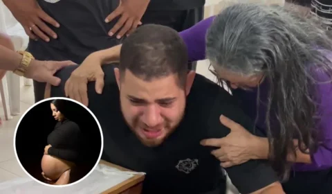‘Olha meu amor, nossa família’: pai de bebê se desespera em velório de grávida morta em acidente em Manaus
