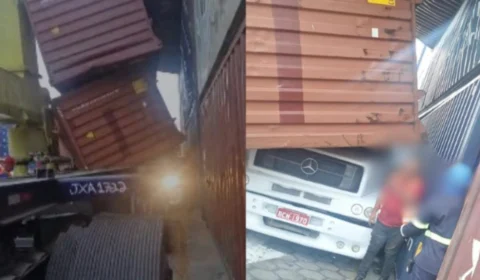 VÍDEO: Contêineres caem sobre carreta em Manaus e motorista grita desesperado