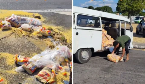 ‘Grãos de ouro’: acidente espalha farinha na avenida das Torres, em Manaus