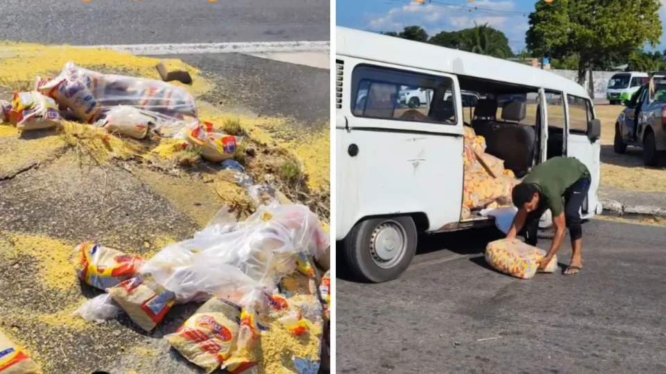 ‘Grãos de ouro’: acidente espalha farinha na avenida das Torres, em Manaus