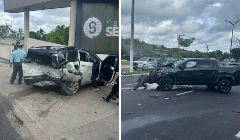 Acidente deixa cinco pessoas feridas e dois carros destruídos na Ponta Negra, em Manaus; veja vídeo