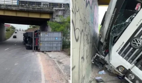 Carreta tomba em viaduto na avenida Max Teixeira, em Manaus; veja vídeo