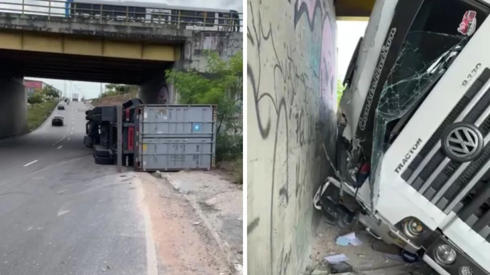 Carreta tomba em viaduto na avenida Max Teixeira, em Manaus; veja vídeo