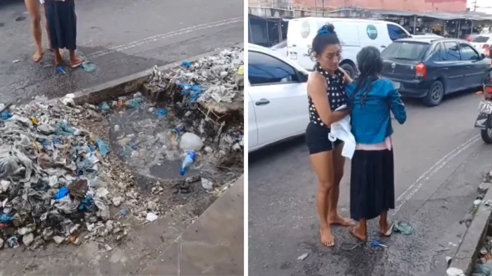 Idosa cai em um bueiro entupido e cheio de lixo ao tentar atravessar rua em Manaus; veja vídeo