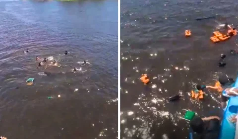 Lancha naufraga e deixa passageiros à deriva no meio do rio, no Amazonas; veja vídeo