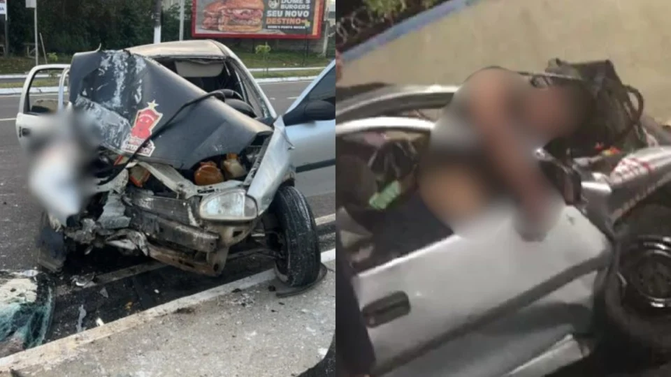 VÍDEO: pai, filho e nora capotam carro e colidem com poste na Ponta Negra em Manaus