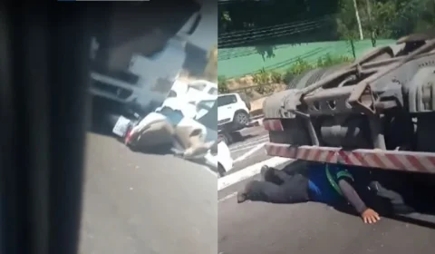 Motociclista vai parar embaixo de caminhão após acidente próximo a Ufam, em Manaus