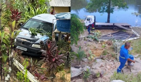 Vídeo mostra momento em que carreta desgovernada arrasta carros e cai em barranco em Manaus