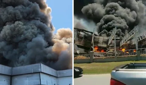 Incêndio de grande proporções atinge fábrica no Distrito II, em Manaus; veja vídeo