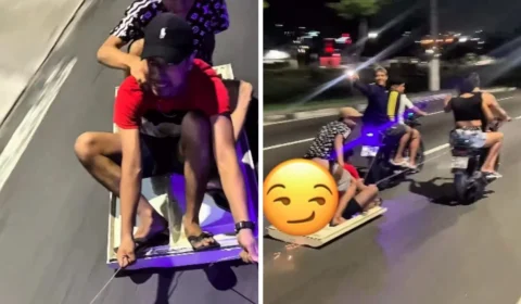 Influenciador ‘surfa’ em porta de geladeira em av. de Manaus, mas é surpreendido pela ROCAM; veja vídeo