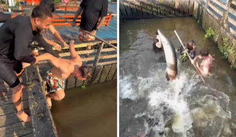 Jon Vlogs causa polêmica ao pular em viveiro de pirarucus em Manaus; veja vídeo