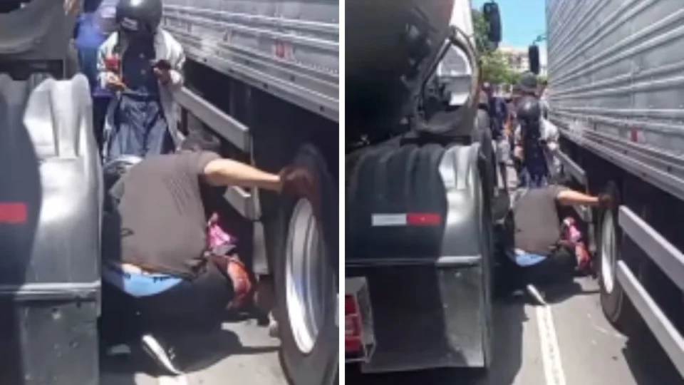 VÍDEO: Motociclista fica preso entre dois caminhões em colisão na zona leste de Manaus