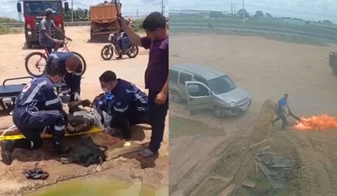 VÍDEO: Motociclista sofre queimaduras graves após colisão com caçamba