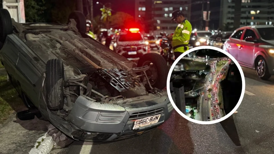 VÍDEO: carro capota após colisão envolvendo três veículos em Manaus; acidente deixa motorista ferido