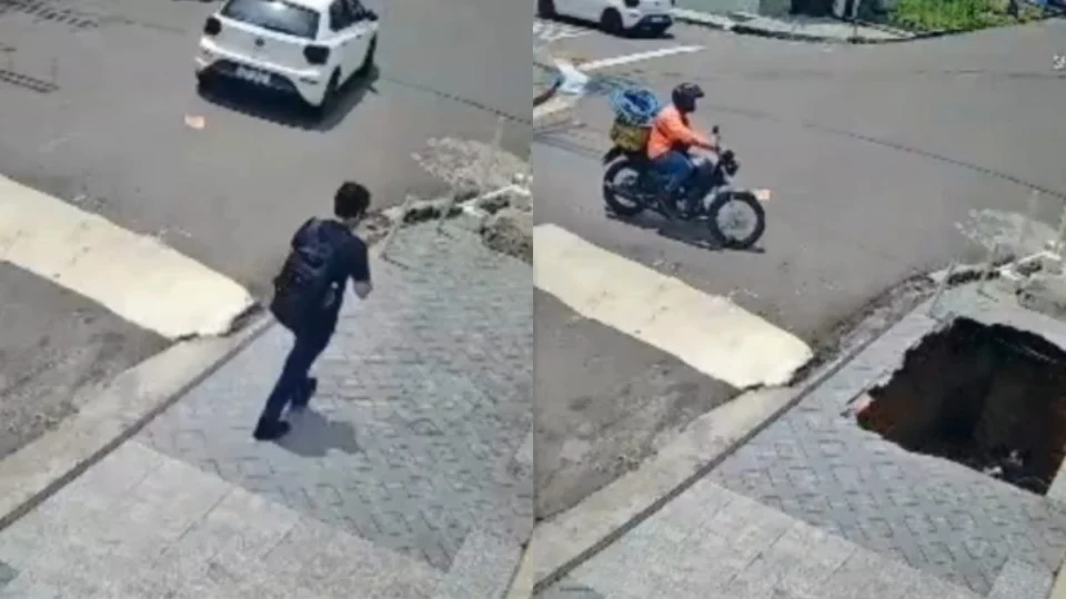Vídeo mostra pedestre caindo em buraco que se abriu repentinamente em Manaus