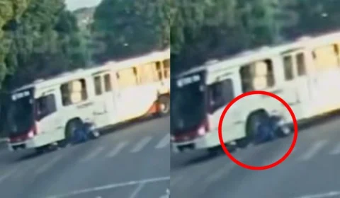 Vídeo mostra momento em que motociclista e garupa são atropelados por ônibus em Manaus