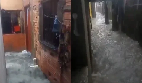 Vídeo mostra beco totalmente alagado em Manaus durante chuva intensa; confira