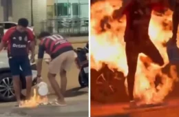 VÍDEO: Torcedor do Flamengo se dá mal ao tentar queimar camisa do Palmeiras