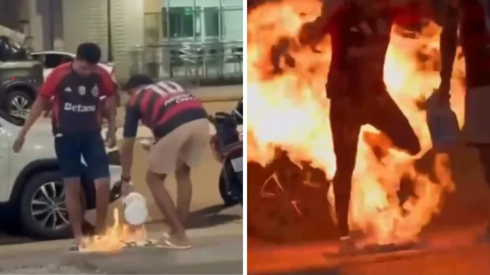 VÍDEO: Torcedor do Flamengo se dá mal ao tentar queimar camisa do Palmeiras