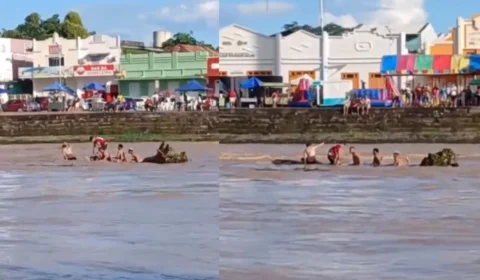 Cena de risco: jovens se expõem ao perigo durante cheia do Rio Acre na Gameleira