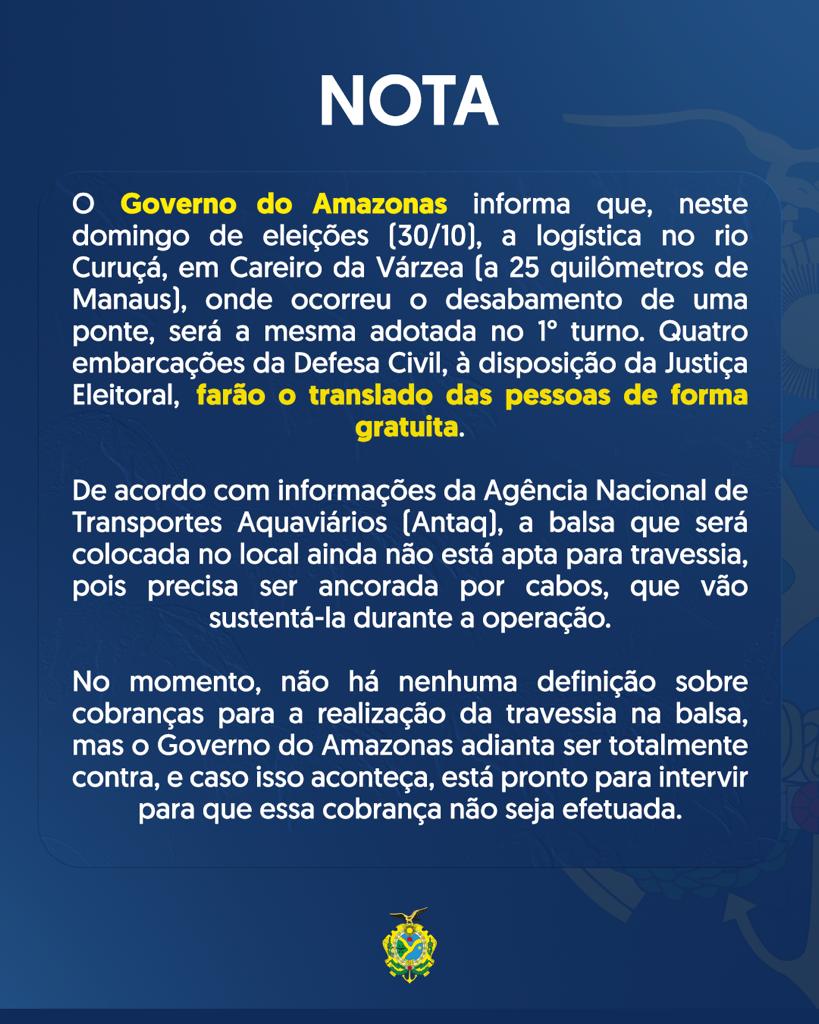 Nota do governo sobre o transporte no segundo turno das eleições - Imagem: Divulgação