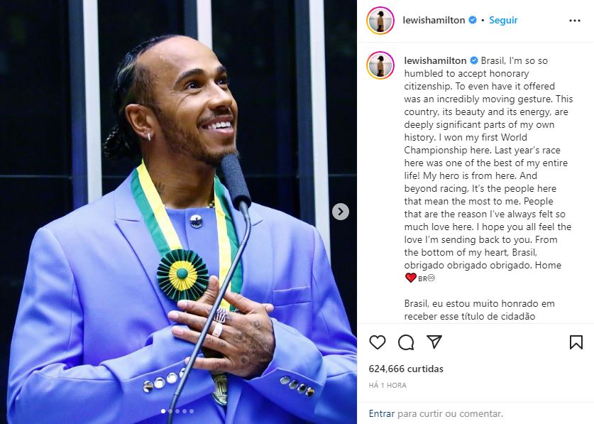 Lewis Hamilton agradeceu homenagem - Foto: Reprodução/Instagram @lewishamilton