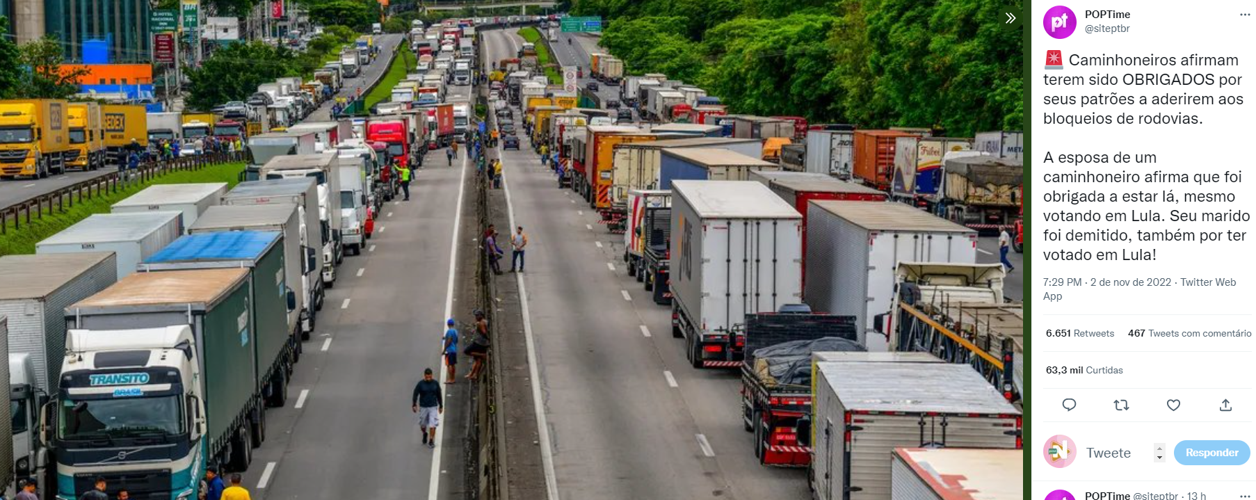 Rodovias bloqueadas no Brasil - Foto: Reprodução/Twitter@siteptbr