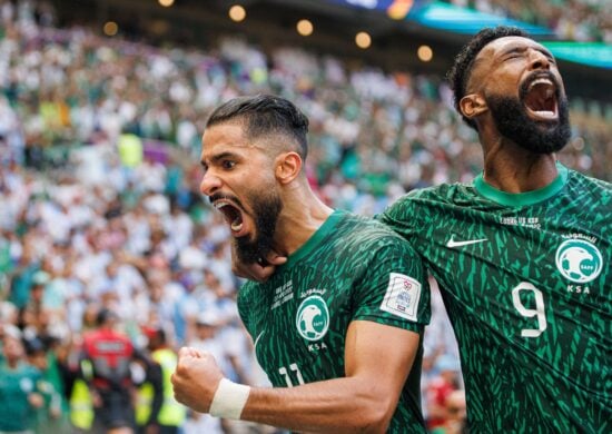 Arábia Saudita x Argentina: Saleh Alshehri, da Arábia Saudita, comemora após marcar gol contra a Argentina - Foto: Marcelo Machado de Melo/Estadão Conteúdo