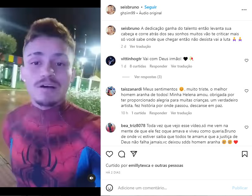 Amigos se despedem de Bruno Vianna, o Homem-Aranha - Foto: Reprodução/Instagram @seisbruno