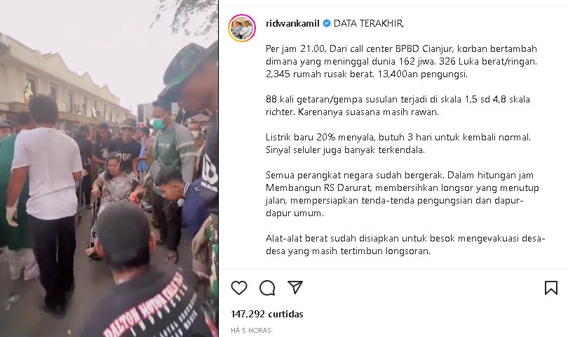 Número de mortos após terremoto chega a mais de 160 - Foto: Reprodução/Instagram @ridwankamil