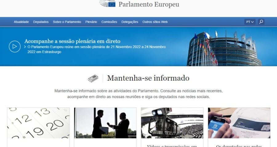 Tela inicial do Site do Parlamento Europeu em funcionamento - Foto: Reprodução