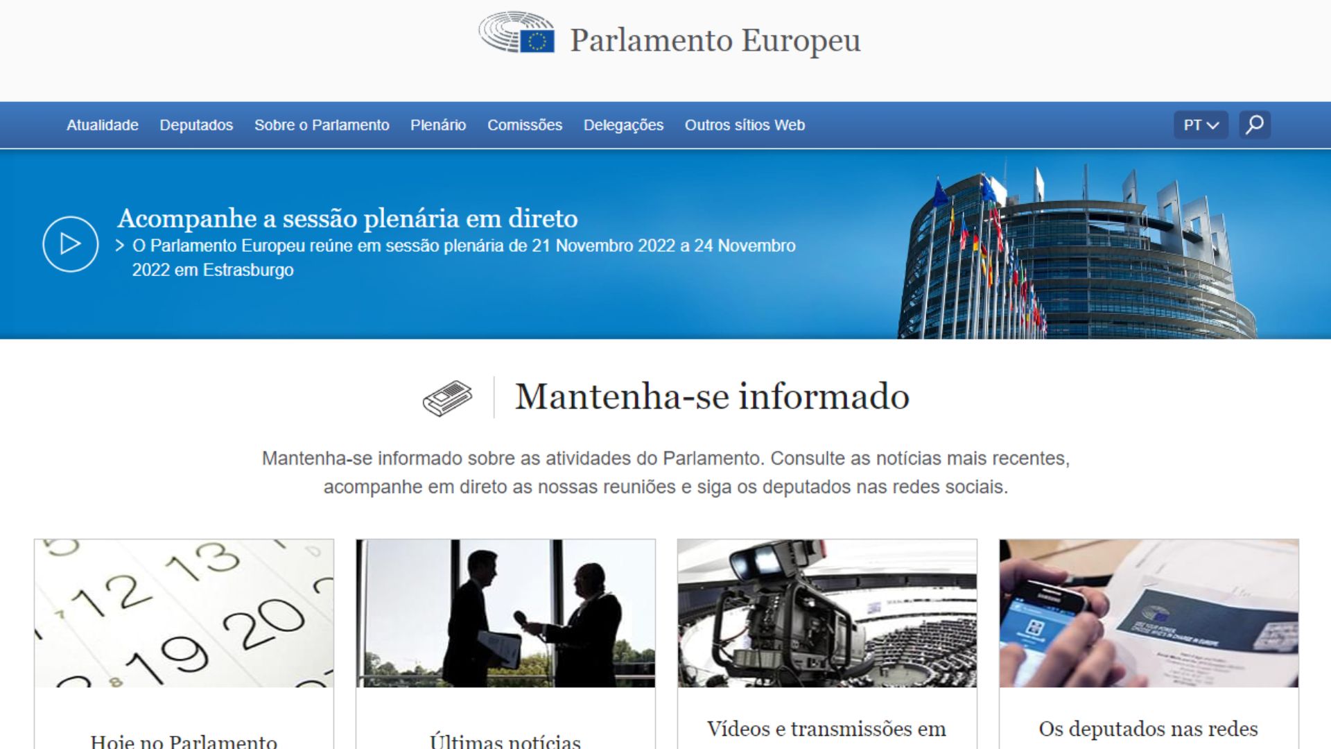 Tela inicial do Site do Parlamento Europeu em funcionamento - Foto: Reprodução