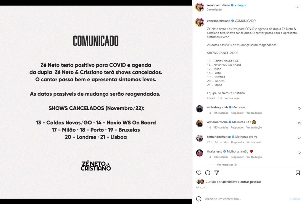 Assessoria da dupla publicou o aviso - Foto: Reprodução/Instagram @zenetoecristianogram