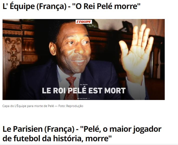 Le Parisien, da França, referenciou 'Pelé, o maior jogador de futebol da história, morre' - Foto: Reprodução