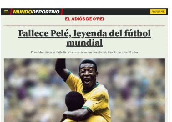 Mundo Deportivo, da Espanha, destacou 'Falece Pelé, lenda do futebol mundial' - Foto: Reprodução/Twitter